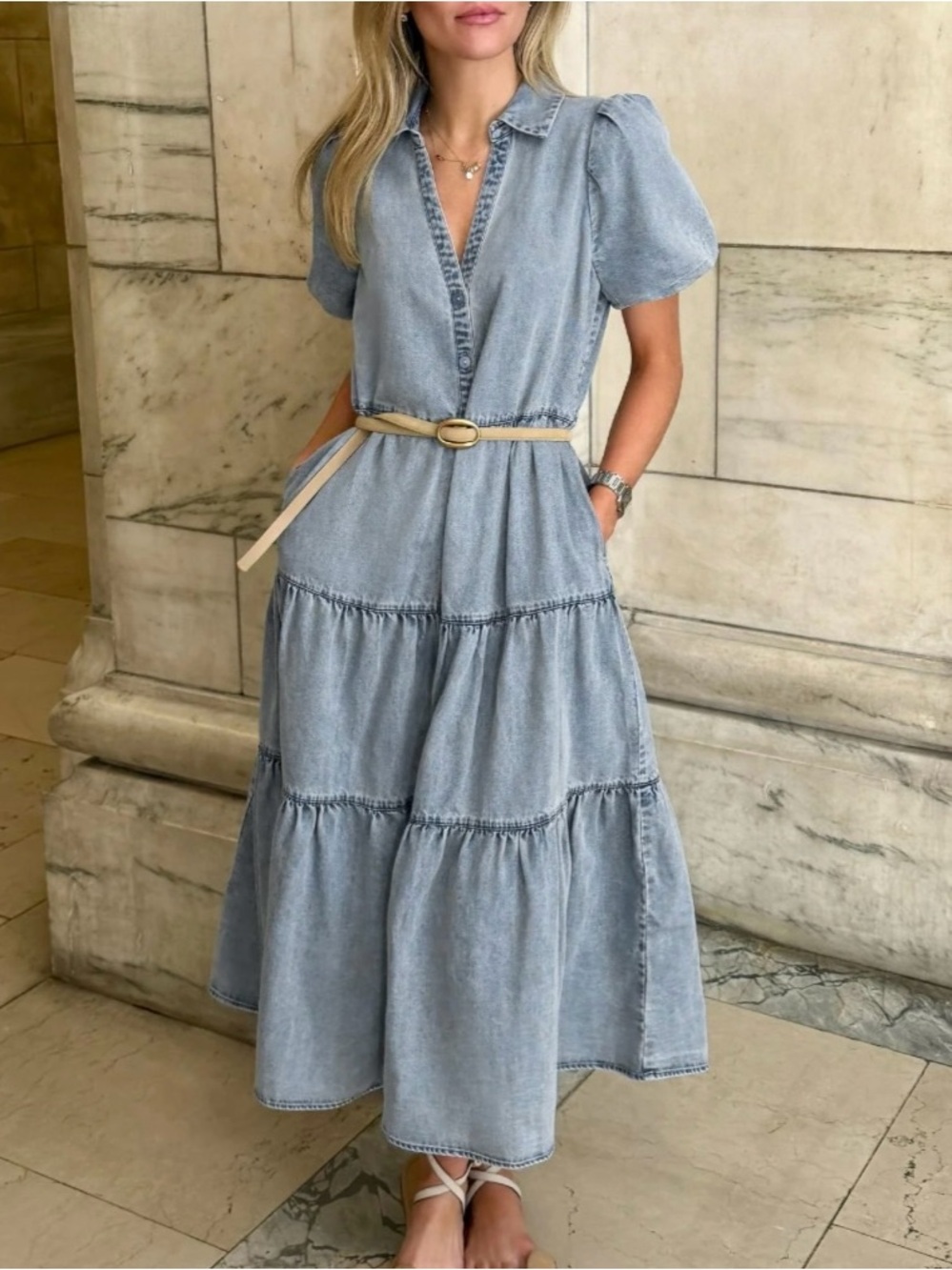 Brochu Walker Light Denim Blue Tiered Maxi Dress